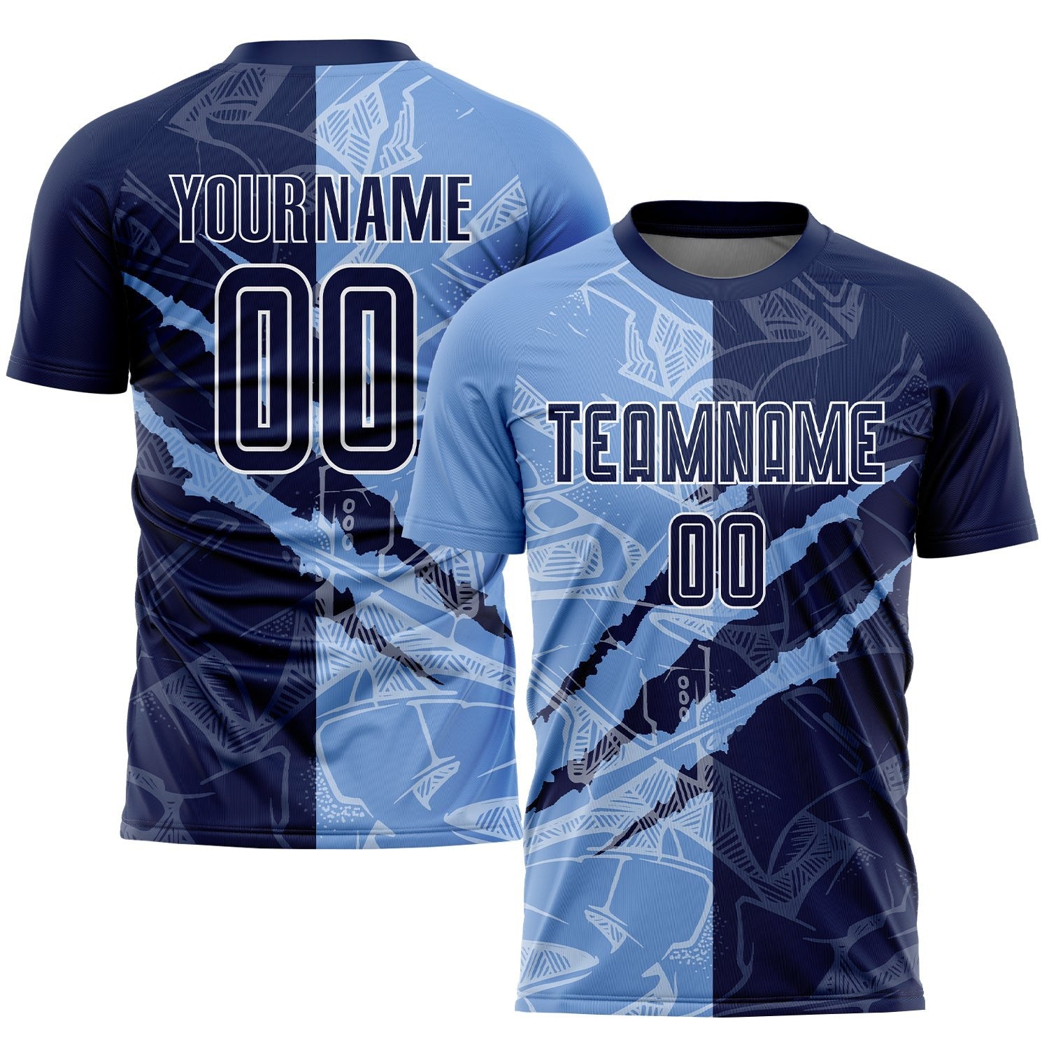 Custom Graffiti Pattern Navy-Light Blue Scratch Sublimation Soccer Uniform Jersey photo 1
