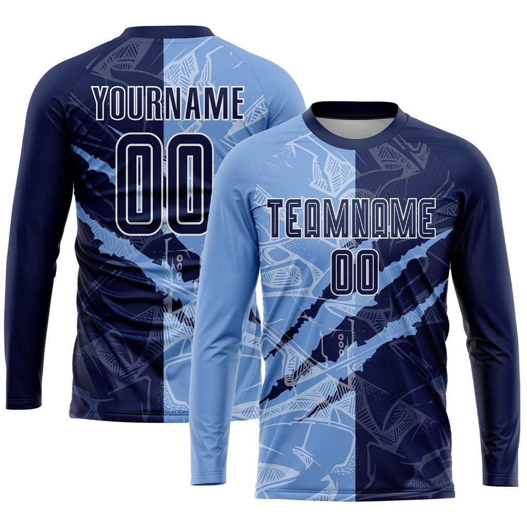 Custom Graffiti Pattern Navy-Light Blue Scratch Sublimation Soccer Uniform Jersey photo 3