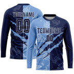 Custom Graffiti Pattern Navy-Light Blue Scratch Sublimation Soccer Uniform Jersey photo 3