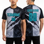 Custom Graffiti Pattern Teal Black-Gray Scratch Sublimation Soccer Uniform Jersey worn front and back