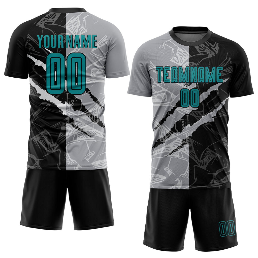 Custom Graffiti Pattern Teal Black-Gray Scratch Sublimation Soccer Uniform Jersey photo 2
