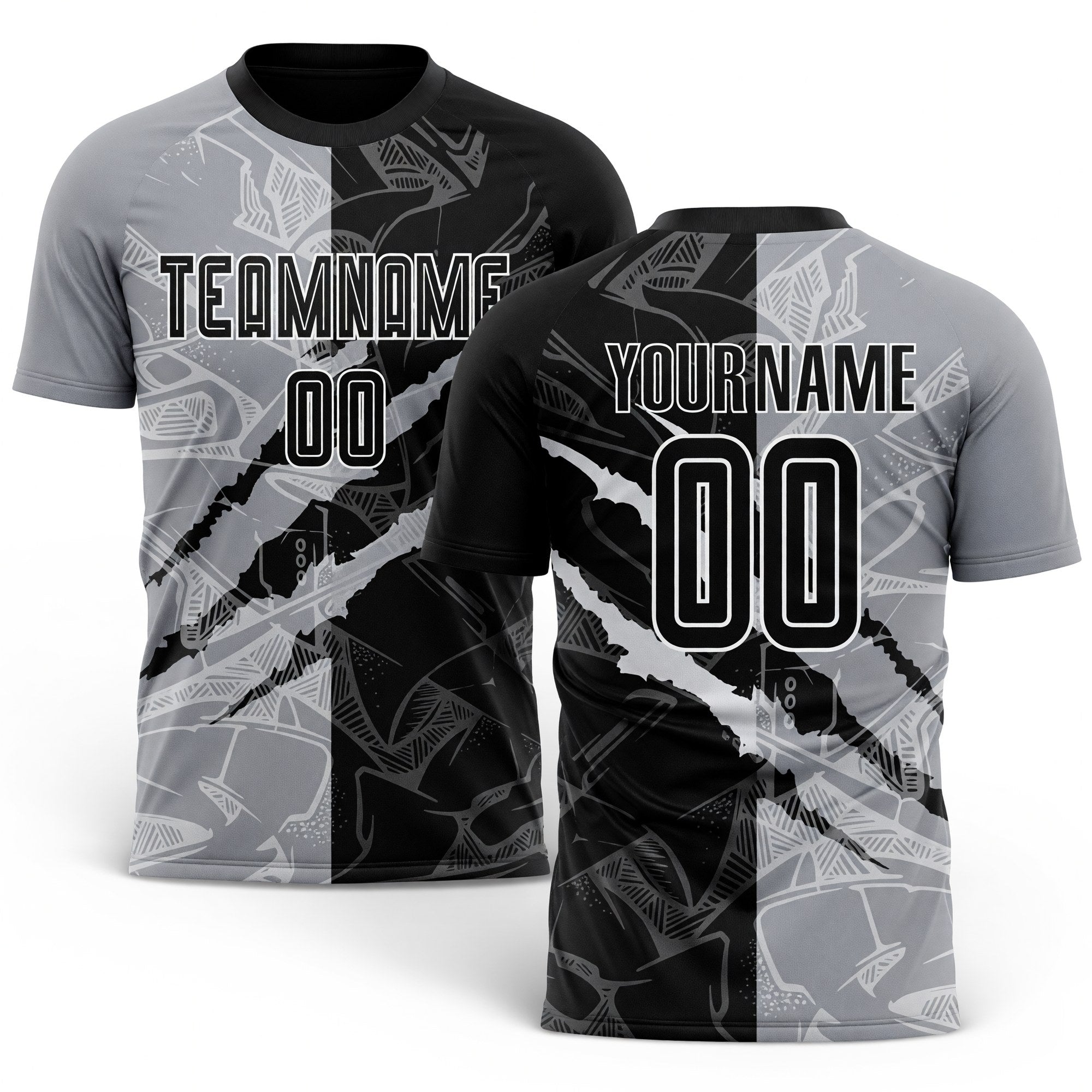 Custom Graffiti Pattern Black-Gray Scratch Sublimation Soccer Uniform Jersey