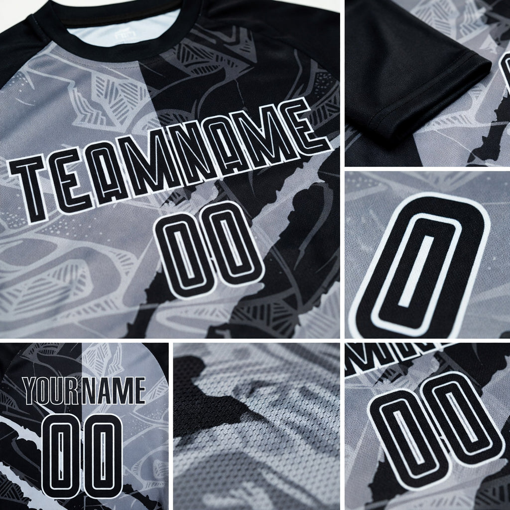 Custom Graffiti Pattern Black-Gray Scratch Sublimation Soccer Uniform Jersey detail