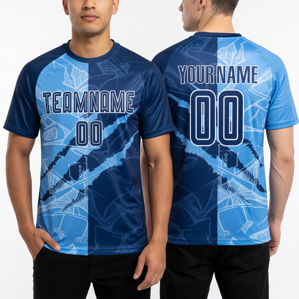 Custom Graffiti Pattern Royal-Light Blue Scratch Sublimation Soccer Uniform Jersey worn front and back