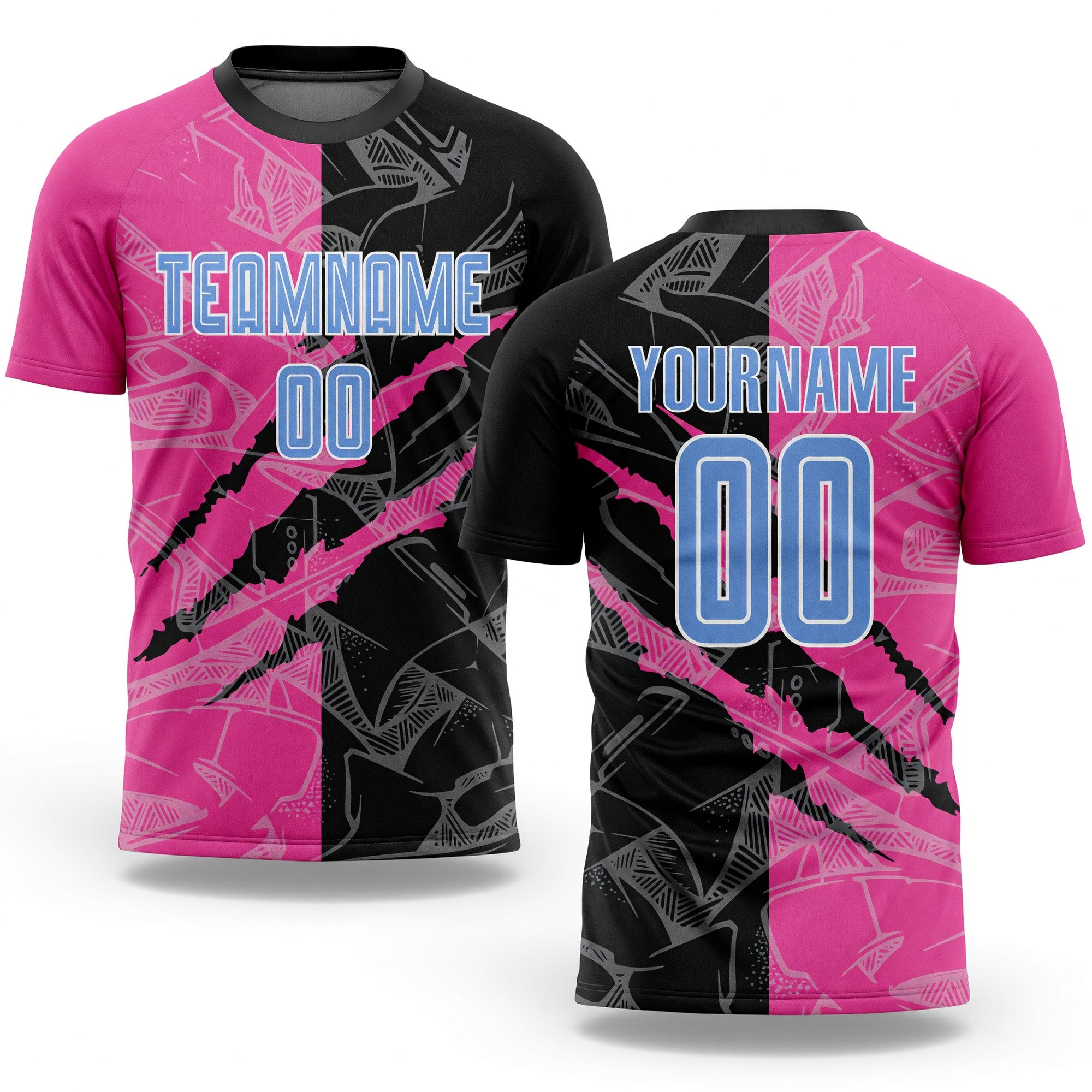 Custom Graffiti Pattern Light Blue Black-Pink Scratch Sublimation Soccer Uniform Jersey