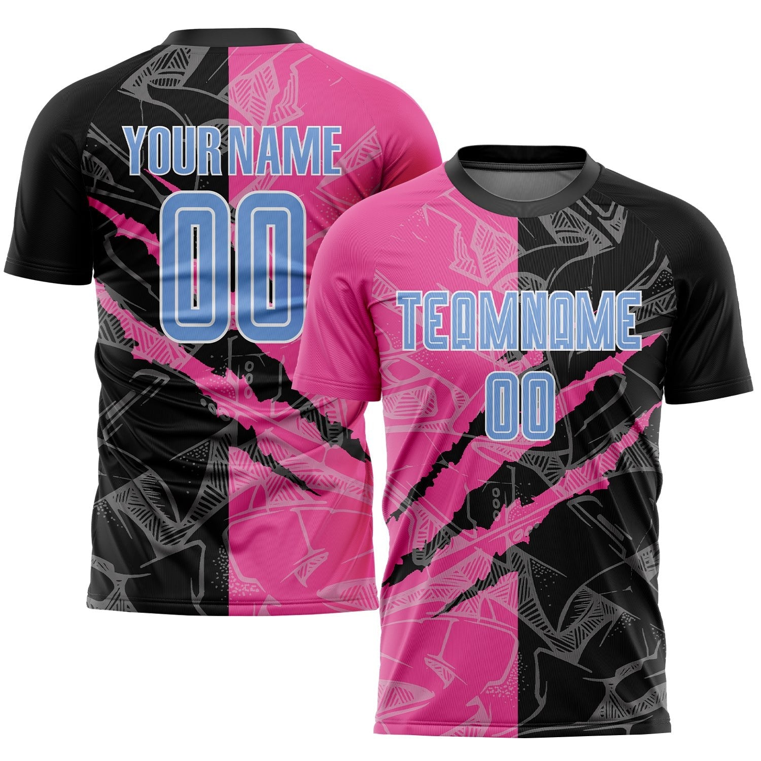 Custom Graffiti Pattern Light Blue Black-Pink Scratch Sublimation Soccer Uniform Jersey photo 1