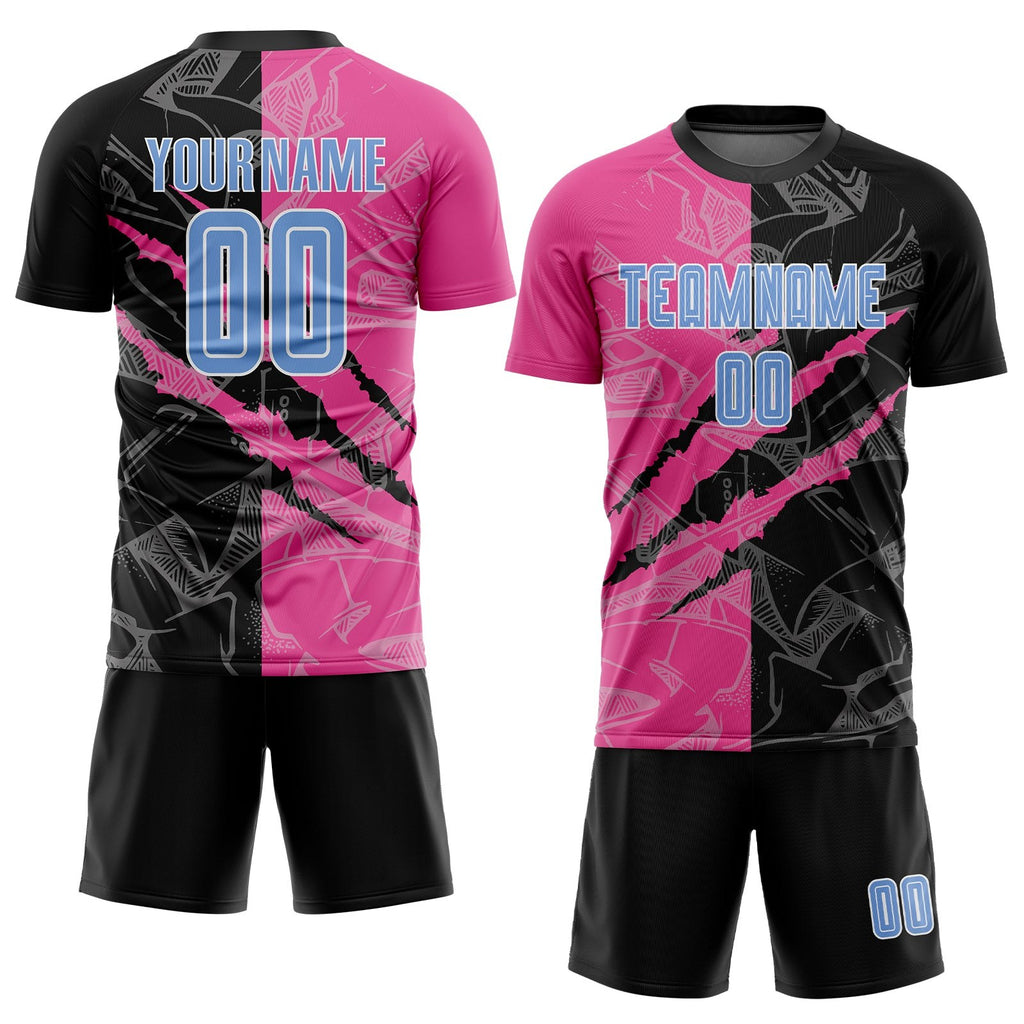 Custom Graffiti Pattern Light Blue Black-Pink Scratch Sublimation Soccer Uniform Jersey photo 2