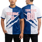 Custom Graffiti Pattern White Royal-Red Scratch Sublimation Soccer Uniform Jersey worn front and back