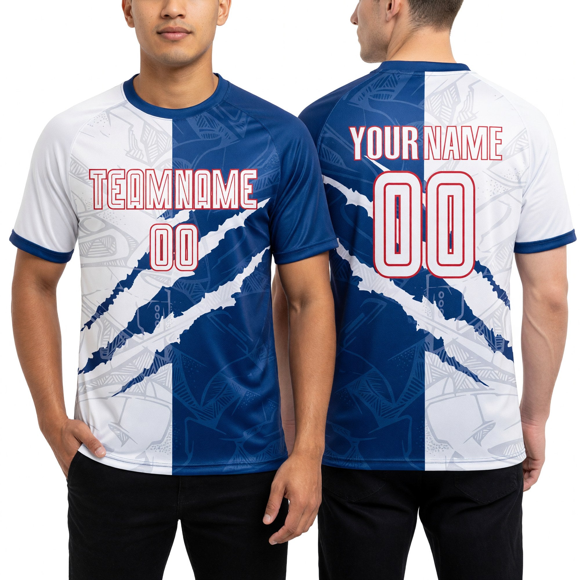 Custom Graffiti Pattern White Royal-Red Scratch Sublimation Soccer Uniform Jersey worn front and back