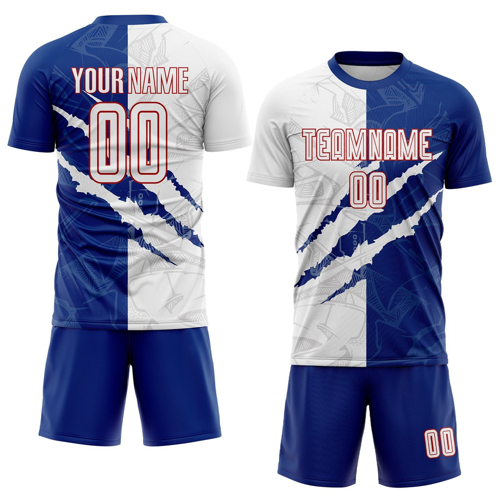 Custom Graffiti Pattern White Royal-Red Scratch Sublimation Soccer Uniform Jersey photo 2