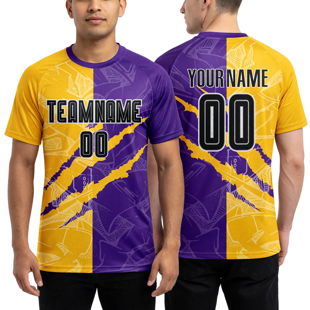 Custom Graffiti Pattern Black Purple Yellow-Gray Scratch Sublimation Soccer Uniform Jersey worn front and back