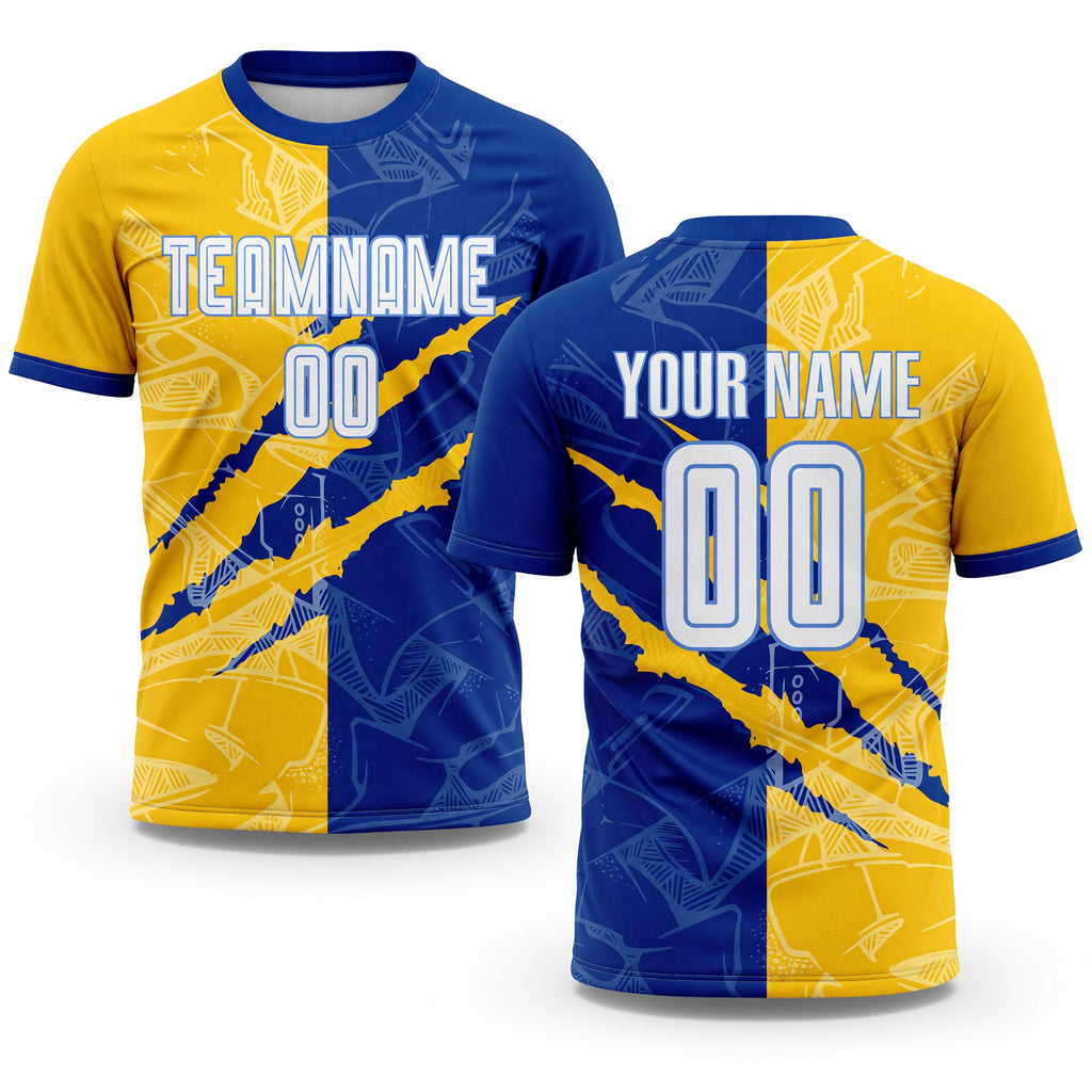 Custom Graffiti Pattern White Royal Yellow-Light Blue Scratch Sublimation Soccer Uniform Jersey