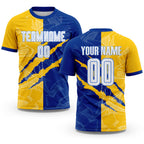 Custom Graffiti Pattern White Royal Yellow-Light Blue Scratch Sublimation Soccer Uniform Jersey