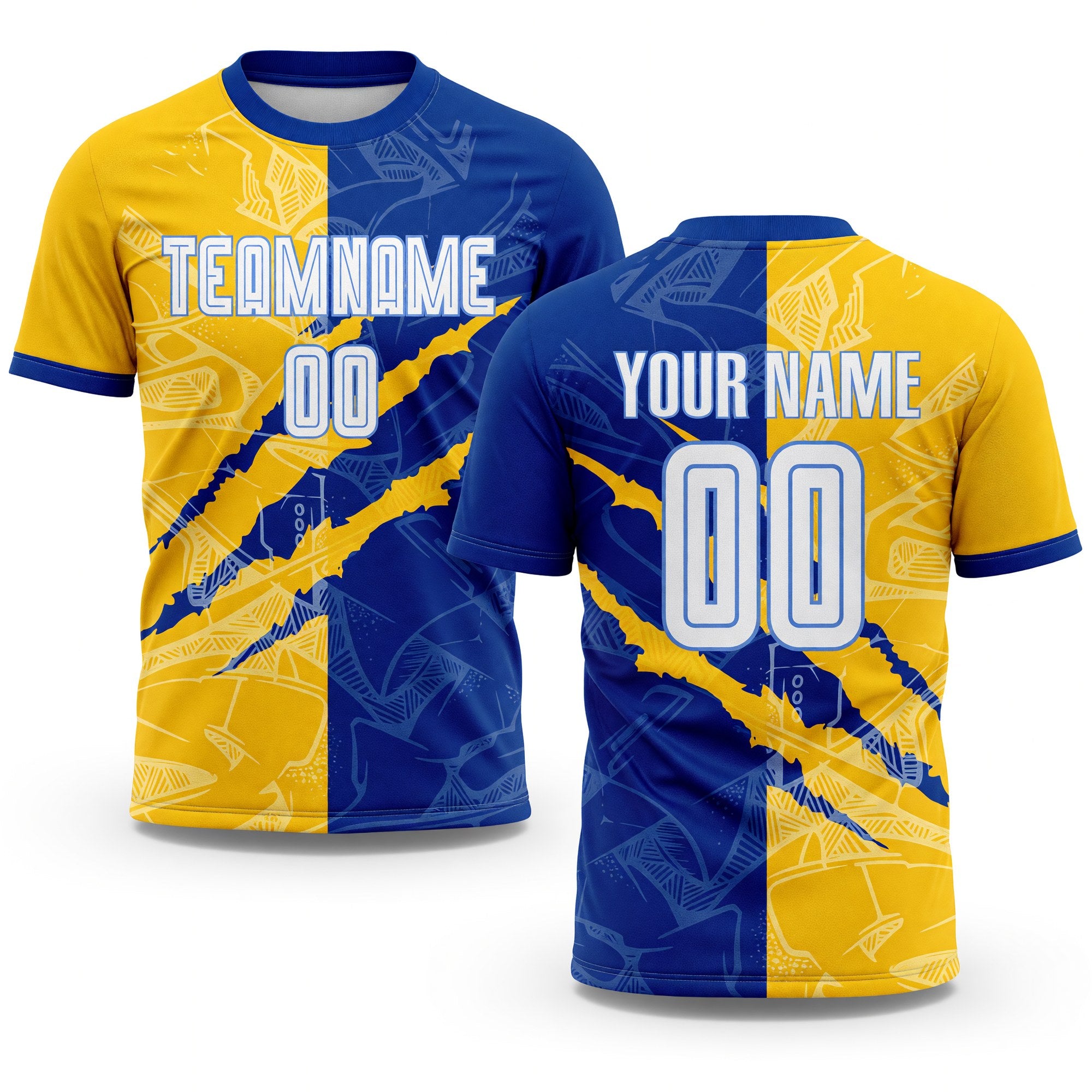Custom Graffiti Pattern White Royal Yellow-Light Blue Scratch Sublimation Soccer Uniform Jersey