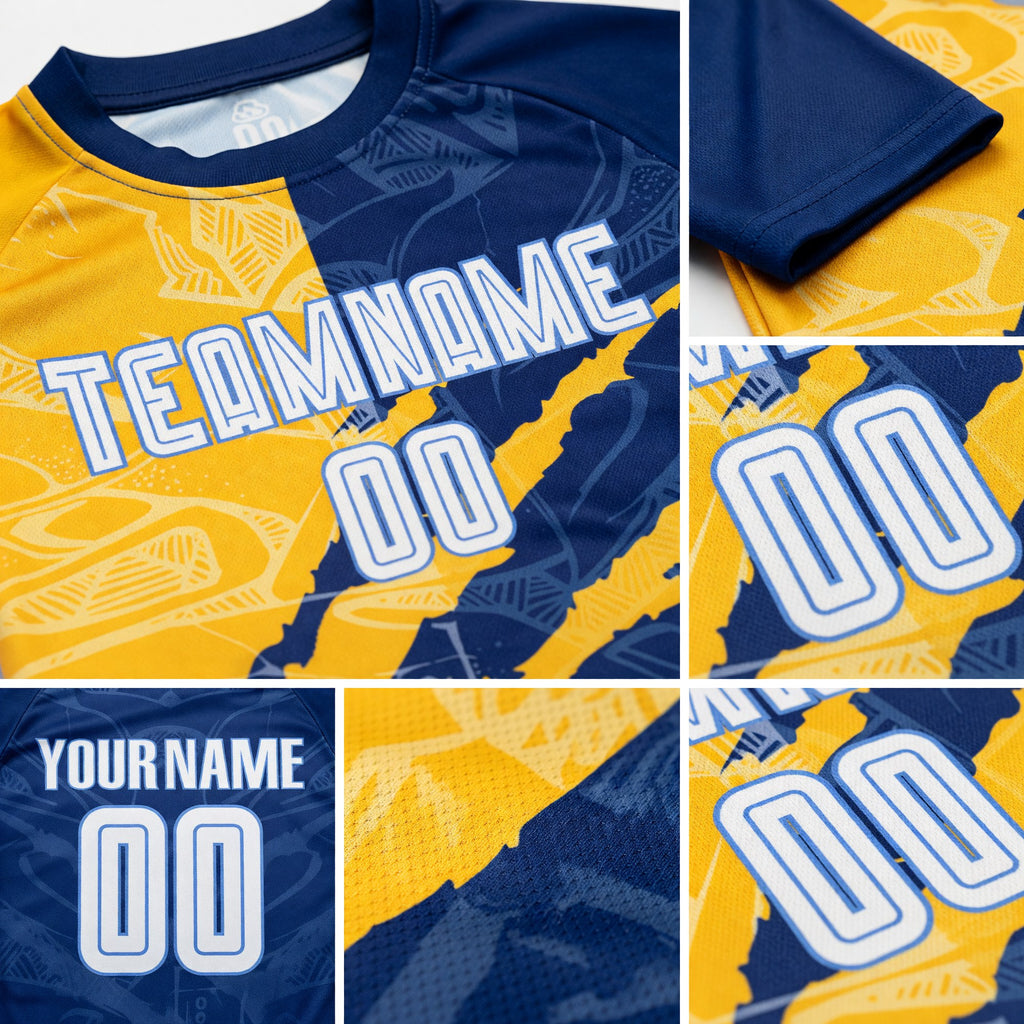 Custom Graffiti Pattern White Royal Yellow-Light Blue Scratch Sublimation Soccer Uniform Jersey detail