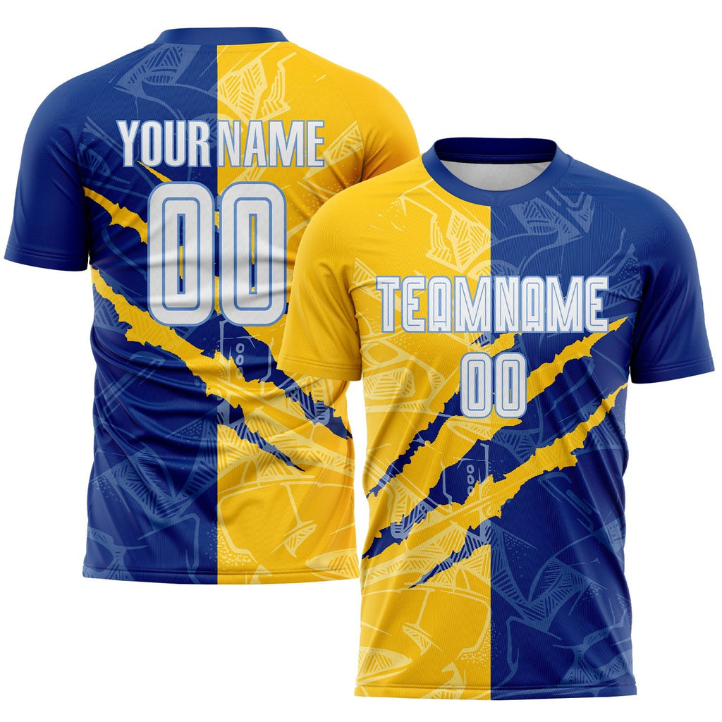 Custom Graffiti Pattern White Royal Yellow-Light Blue Scratch Sublimation Soccer Uniform Jersey photo 1