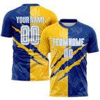 Custom Graffiti Pattern White Royal Yellow-Light Blue Scratch Sublimation Soccer Uniform Jersey photo 1