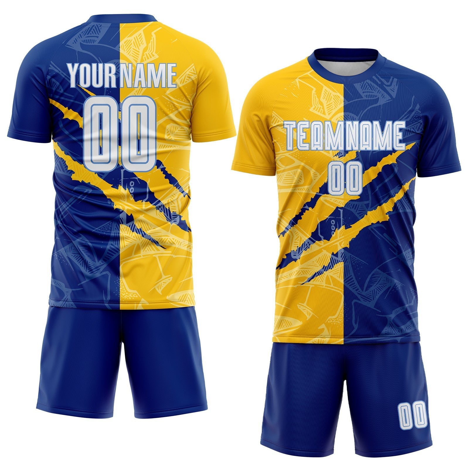 Custom Graffiti Pattern White Royal Yellow-Light Blue Scratch Sublimation Soccer Uniform Jersey photo 2