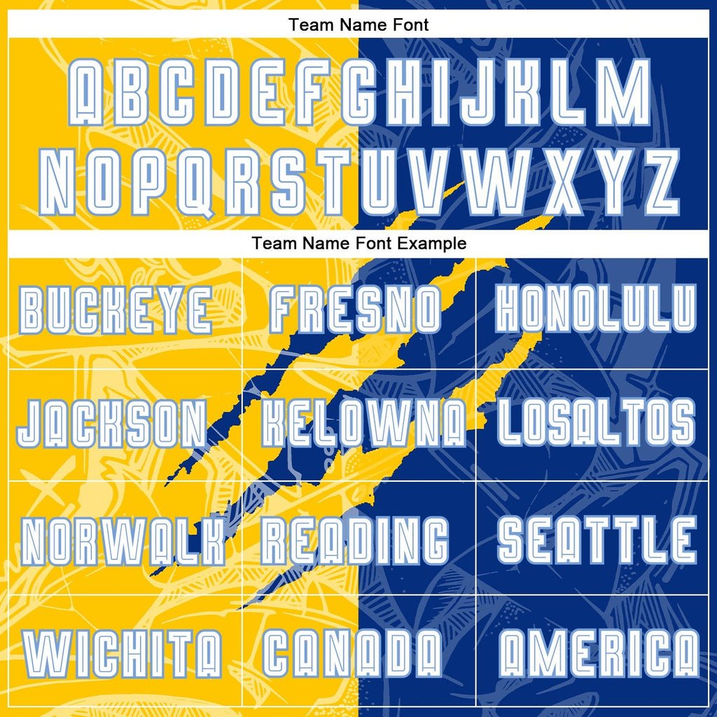Custom Graffiti Pattern White Royal Yellow-Light Blue Scratch Sublimation Soccer Uniform Jersey photo 3