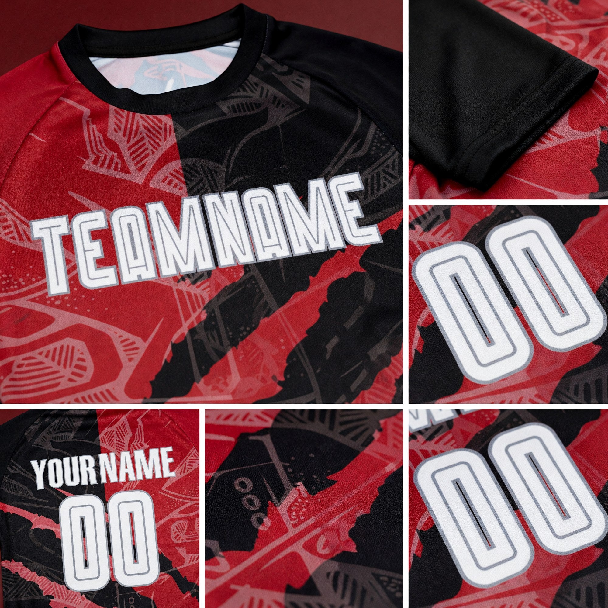 Custom Graffiti Pattern White Black Red-Gray Scratch Sublimation Soccer Uniform Jersey detail