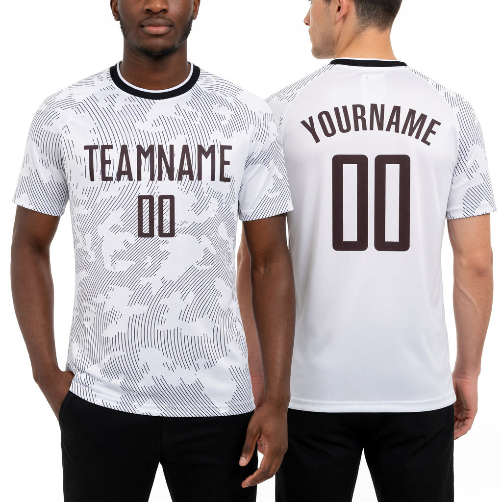 Custom White Brown Sublimation Soccer Uniform Jersey worn front and back