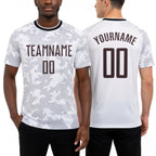 Custom White Brown Sublimation Soccer Uniform Jersey worn front and back