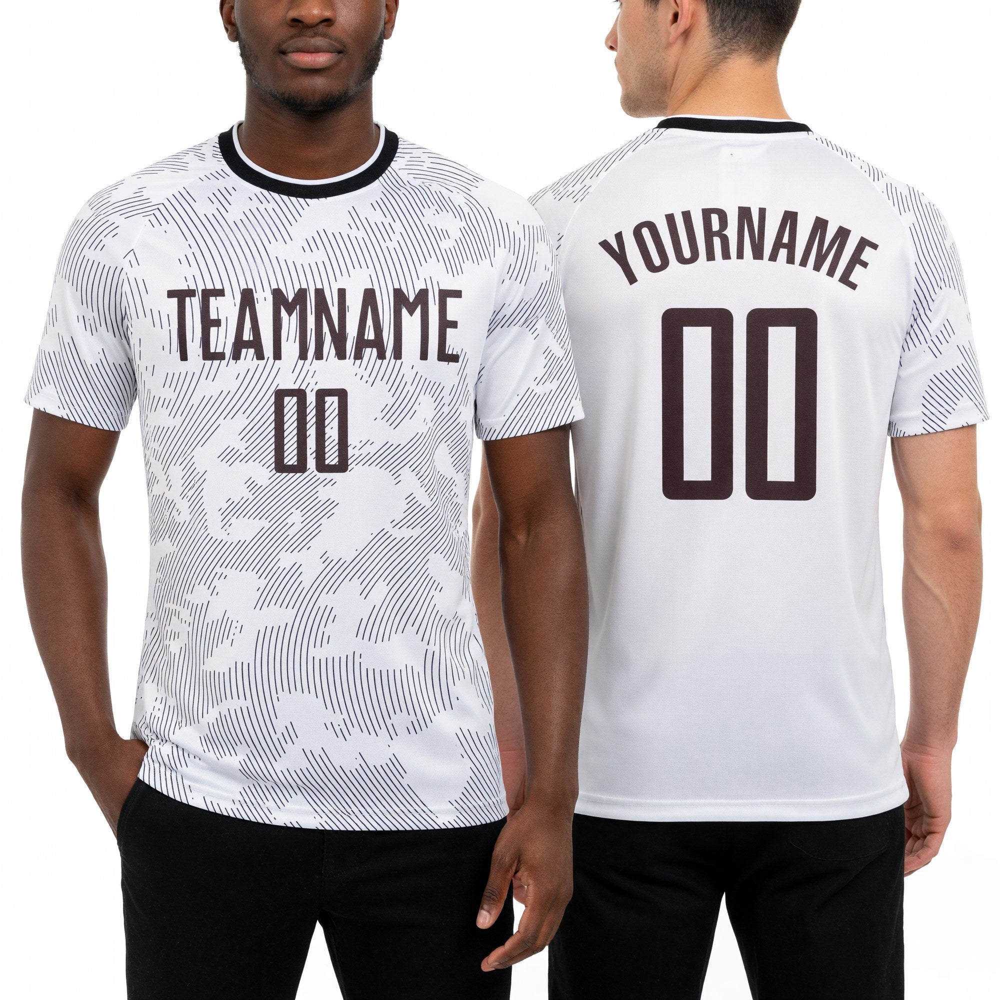 Custom White Brown Sublimation Soccer Uniform Jersey worn front and back