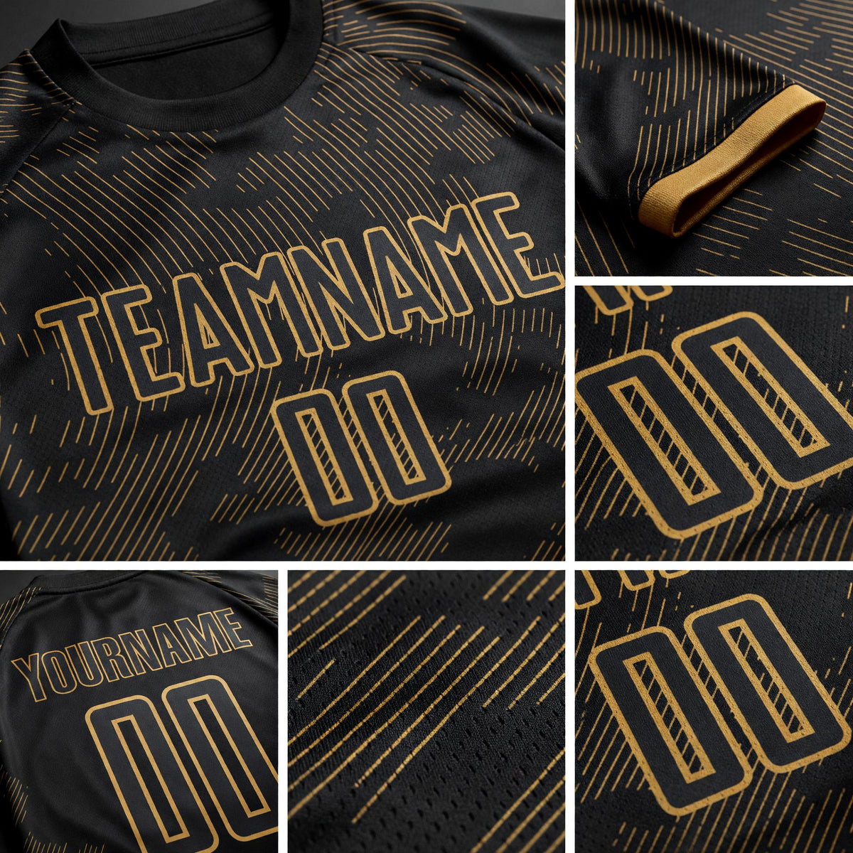 Custom Black Old Gold Sublimation Soccer Uniform Jersey detail