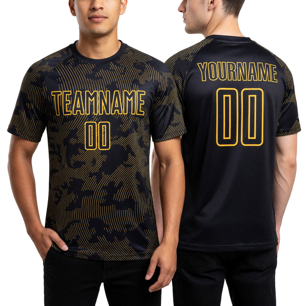 Custom Black Gold Sublimation Soccer Uniform Jersey worn front and back