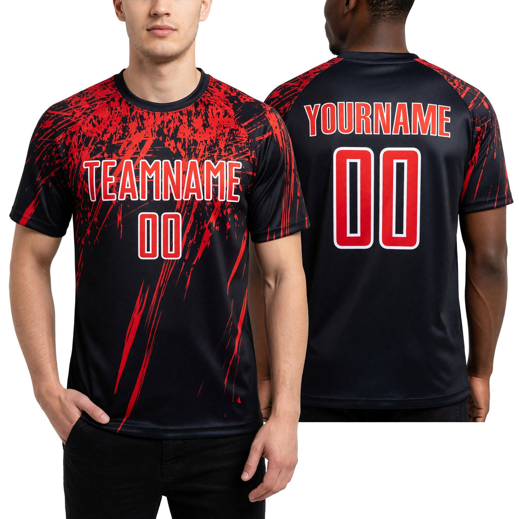 Custom Black Red-White Sublimation Soccer Uniform Jersey worn front and back