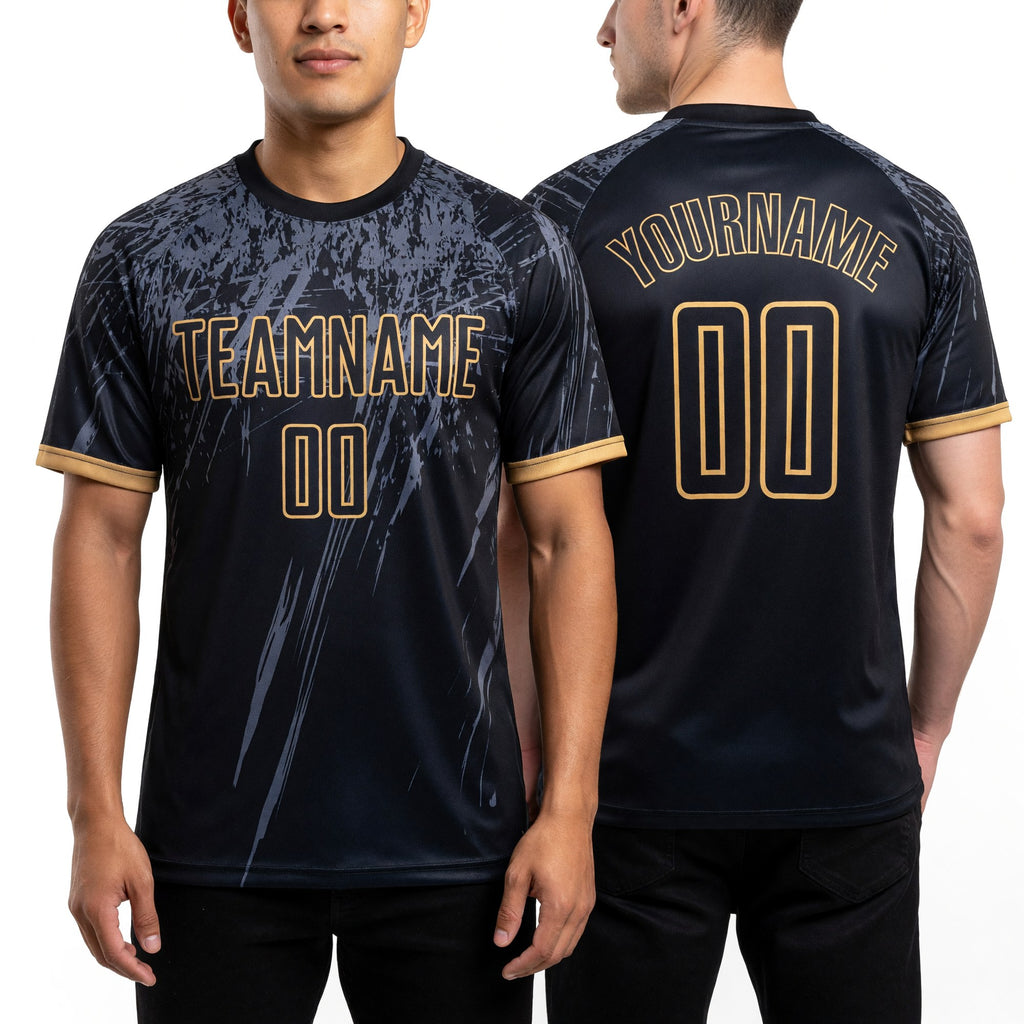 Custom Black Old Gold-Gray Sublimation Soccer Uniform Jersey worn front and back