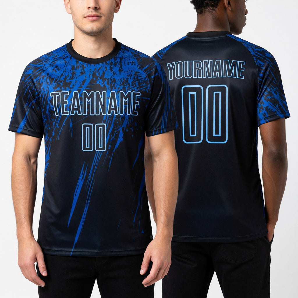 Custom Black Light Blue-Royal Sublimation Soccer Uniform Jersey worn front and back