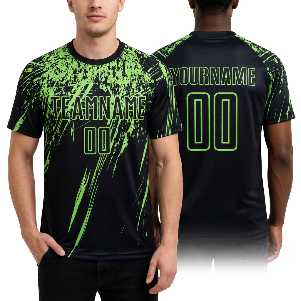Custom Black Neon Green Sublimation Soccer Uniform Jersey worn front and back