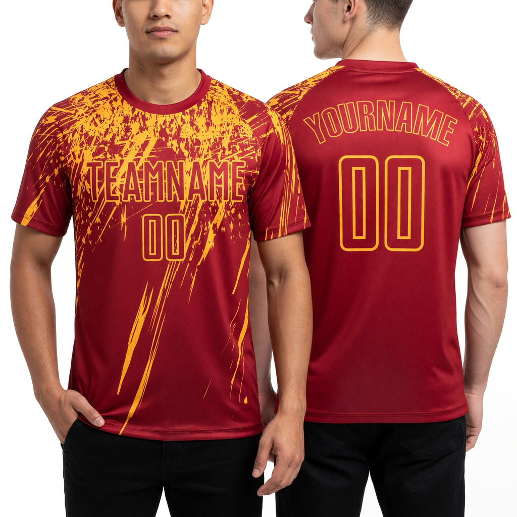 Custom Red Gold Sublimation Soccer Uniform Jersey worn front and back