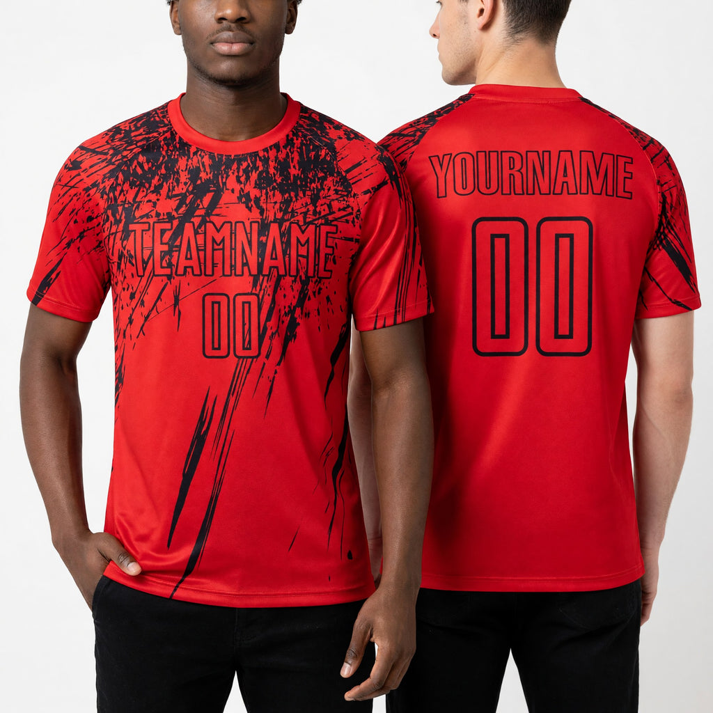 Custom Red Black Sublimation Soccer Uniform Jersey worn front and back