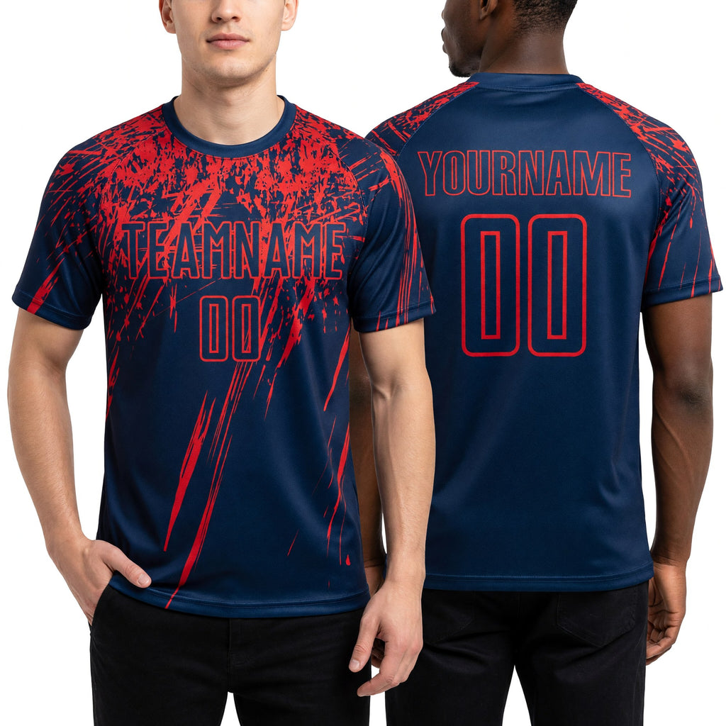 Custom Navy Red Sublimation Soccer Uniform Jersey worn front and back
