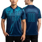 Custom Navy Teal Sublimation Soccer Uniform Jersey worn front and back