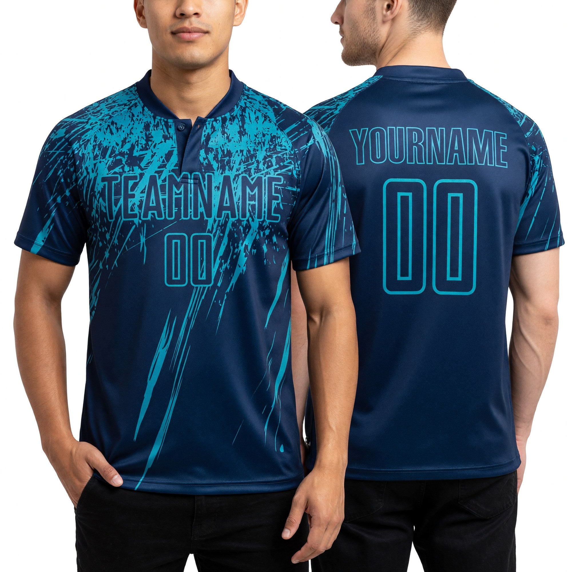 Custom Navy Teal Sublimation Soccer Uniform Jersey worn front and back