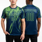 Custom Navy Neon Green Sublimation Soccer Uniform Jersey worn front and back