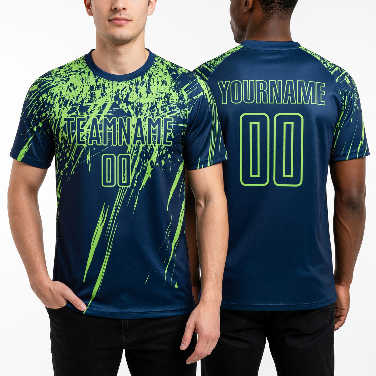 Custom Navy Neon Green Sublimation Soccer Uniform Jersey worn front and back
