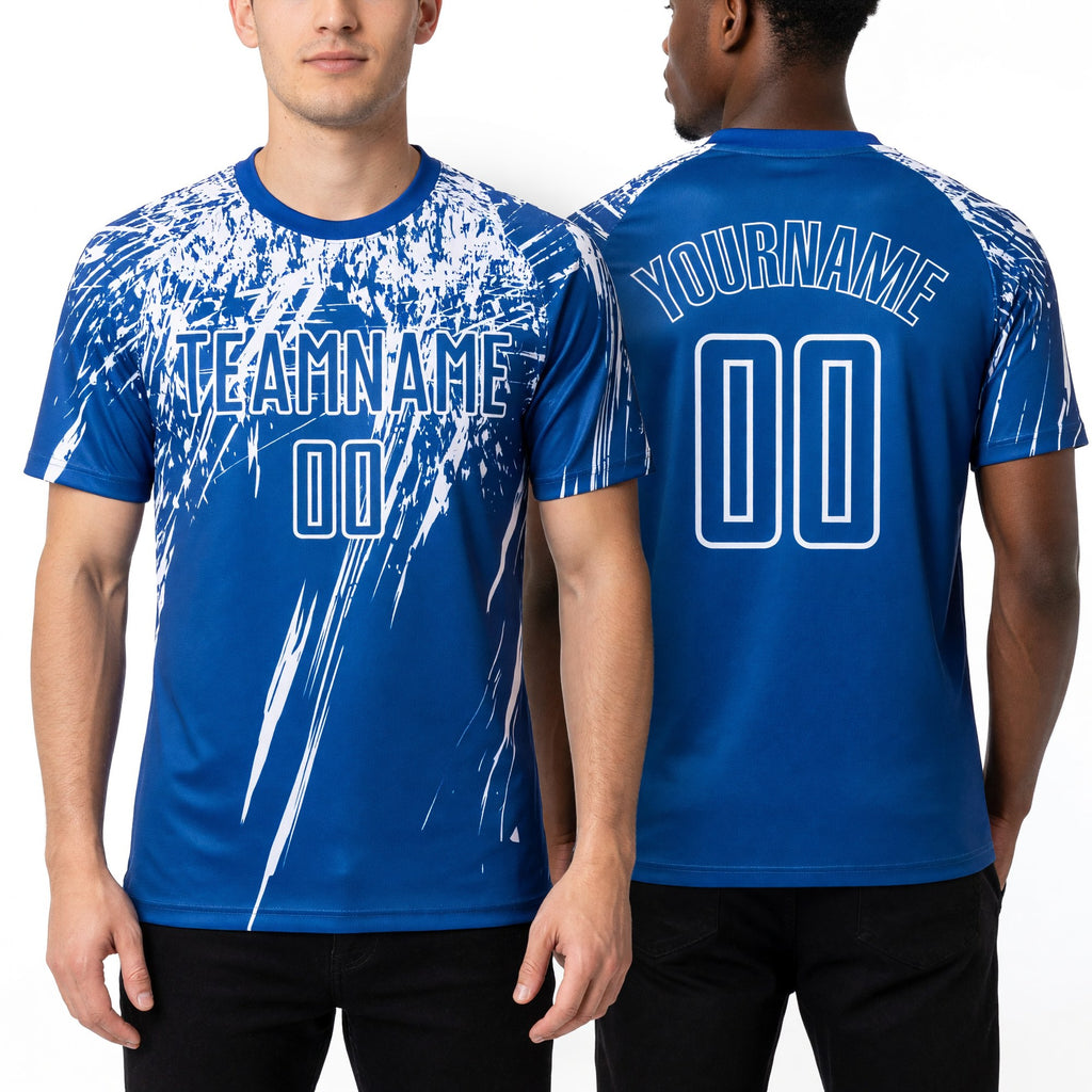 Custom Royal White Sublimation Soccer Uniform Jersey worn front and back