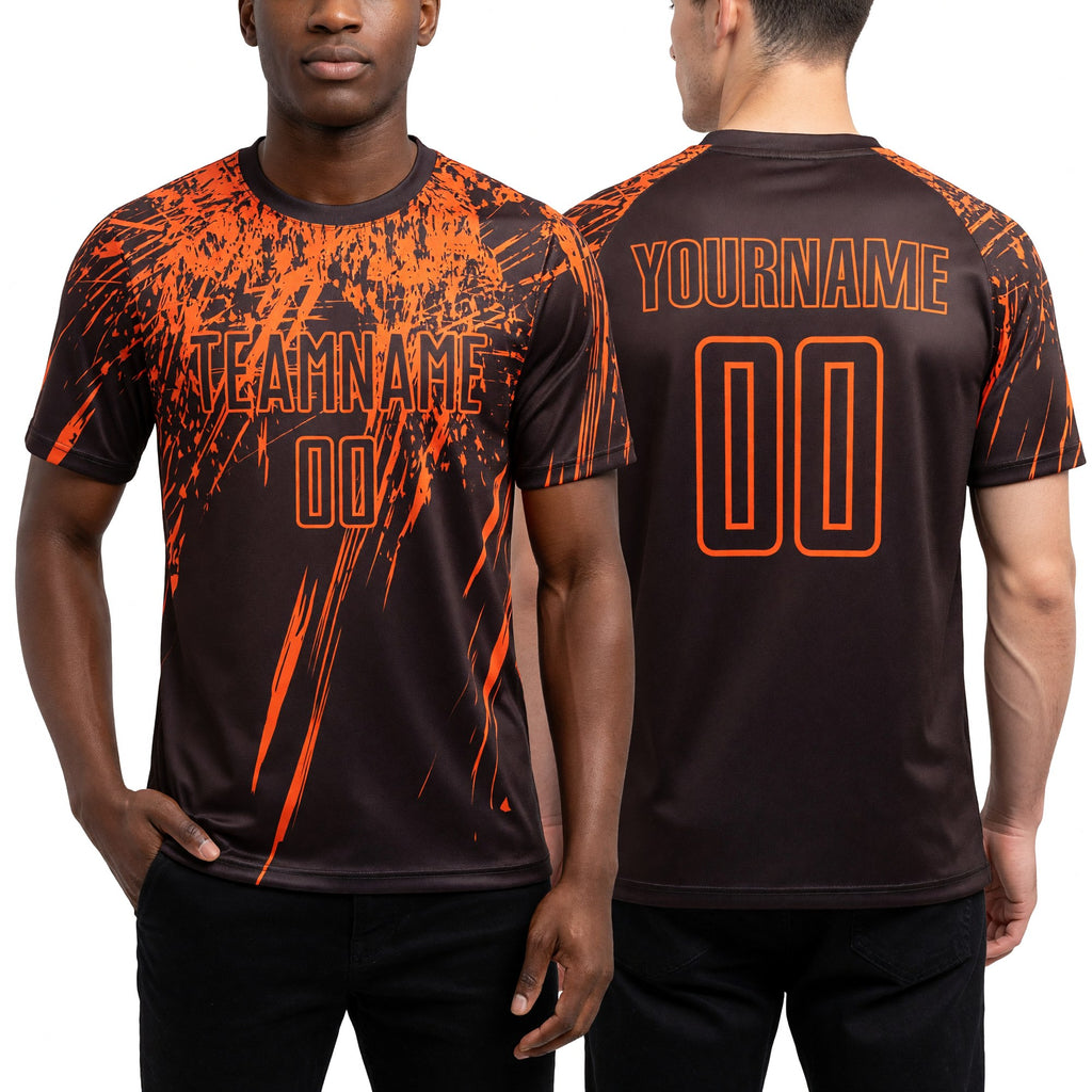 Custom Brown Orange Sublimation Soccer Uniform Jersey worn front and back