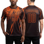 Custom Brown Orange Sublimation Soccer Uniform Jersey worn front and back