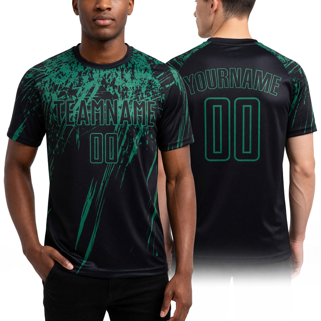 Custom Black Kelly Green Sublimation Soccer Uniform Jersey worn front and back