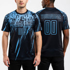 Custom Black Light Blue Sublimation Soccer Uniform Jersey worn front and back