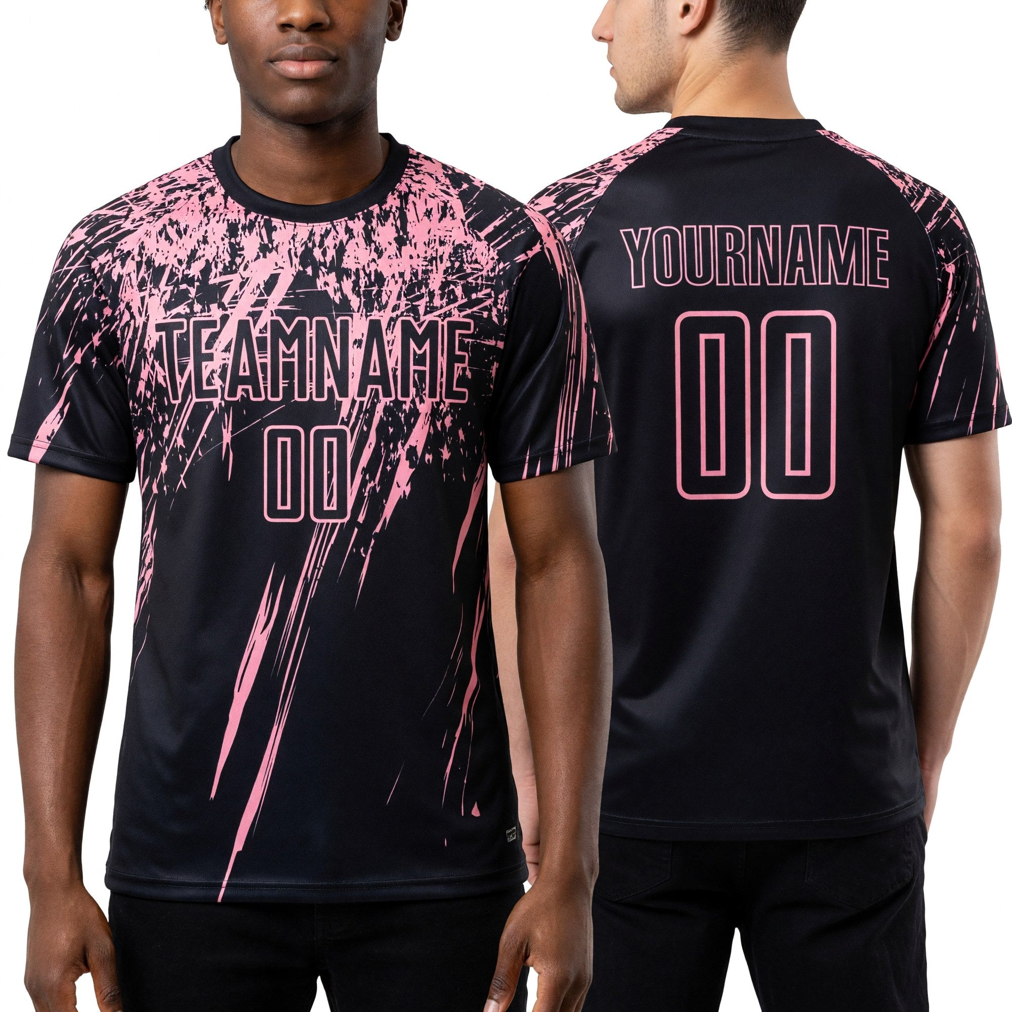 Custom Black Medium Pink Sublimation Soccer Uniform Jersey worn front and back