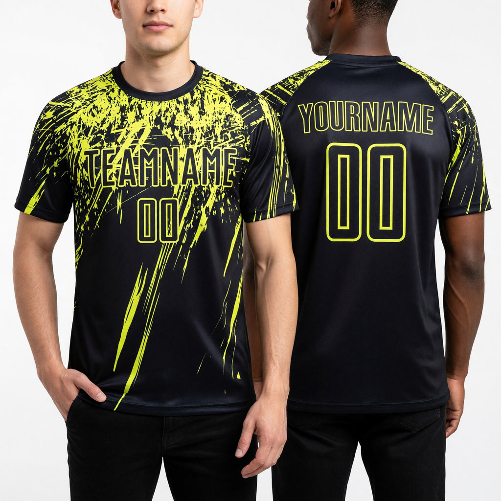 Custom Black Neon Yellow Sublimation Soccer Uniform Jersey worn front and back