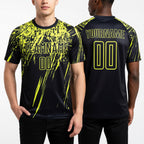 Custom Black Neon Yellow Sublimation Soccer Uniform Jersey worn front and back