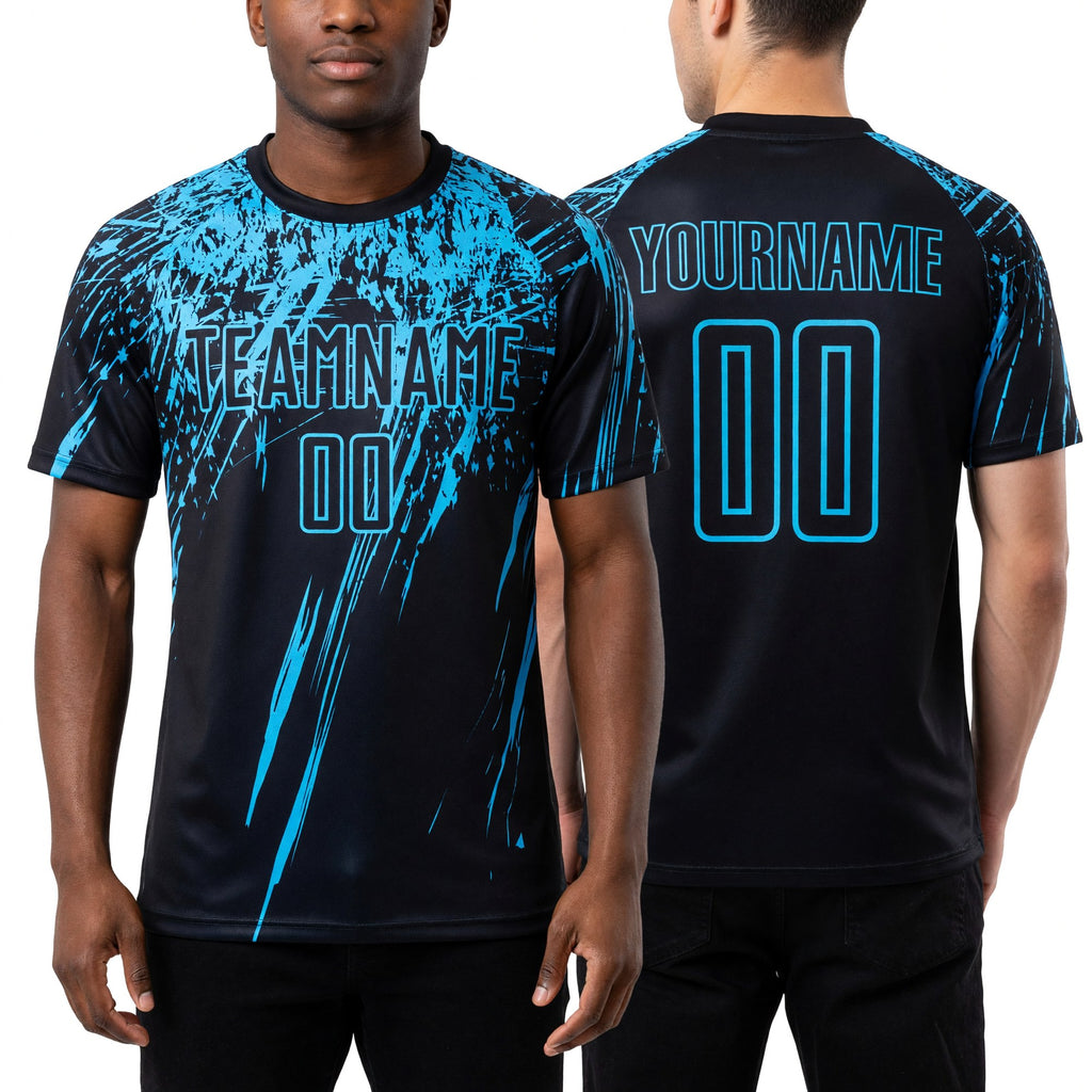 Custom Black Sky Blue Sublimation Soccer Uniform Jersey worn front and back