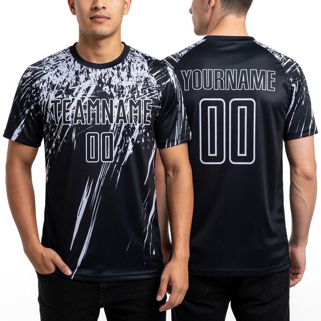 Custom Black Silver Sublimation Soccer Uniform Jersey worn front and back